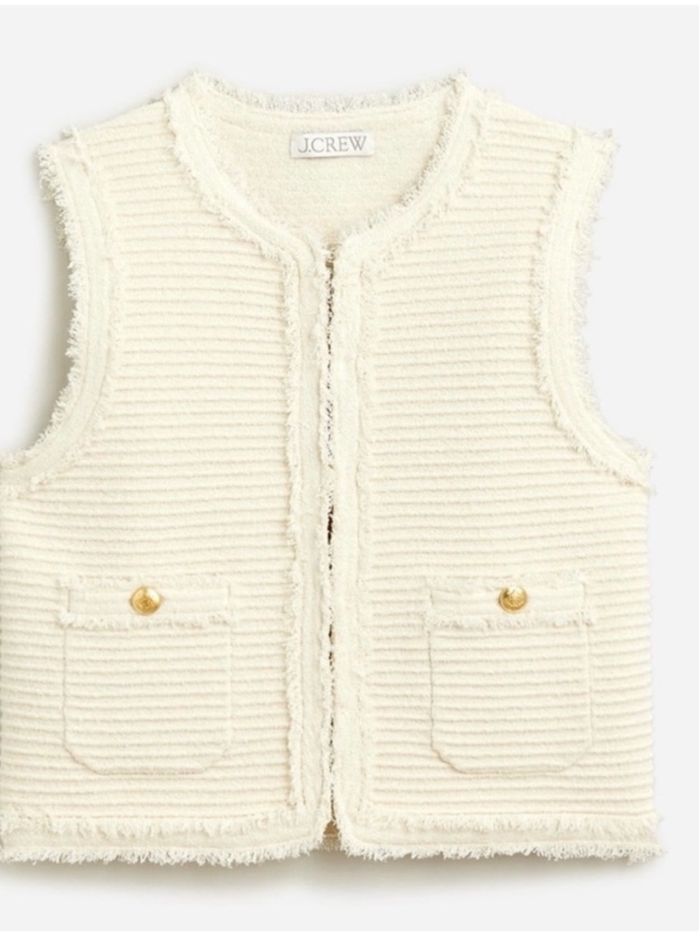 J. Crew Cream Ribbed Fringe Tweed Vest with Gold Buttons